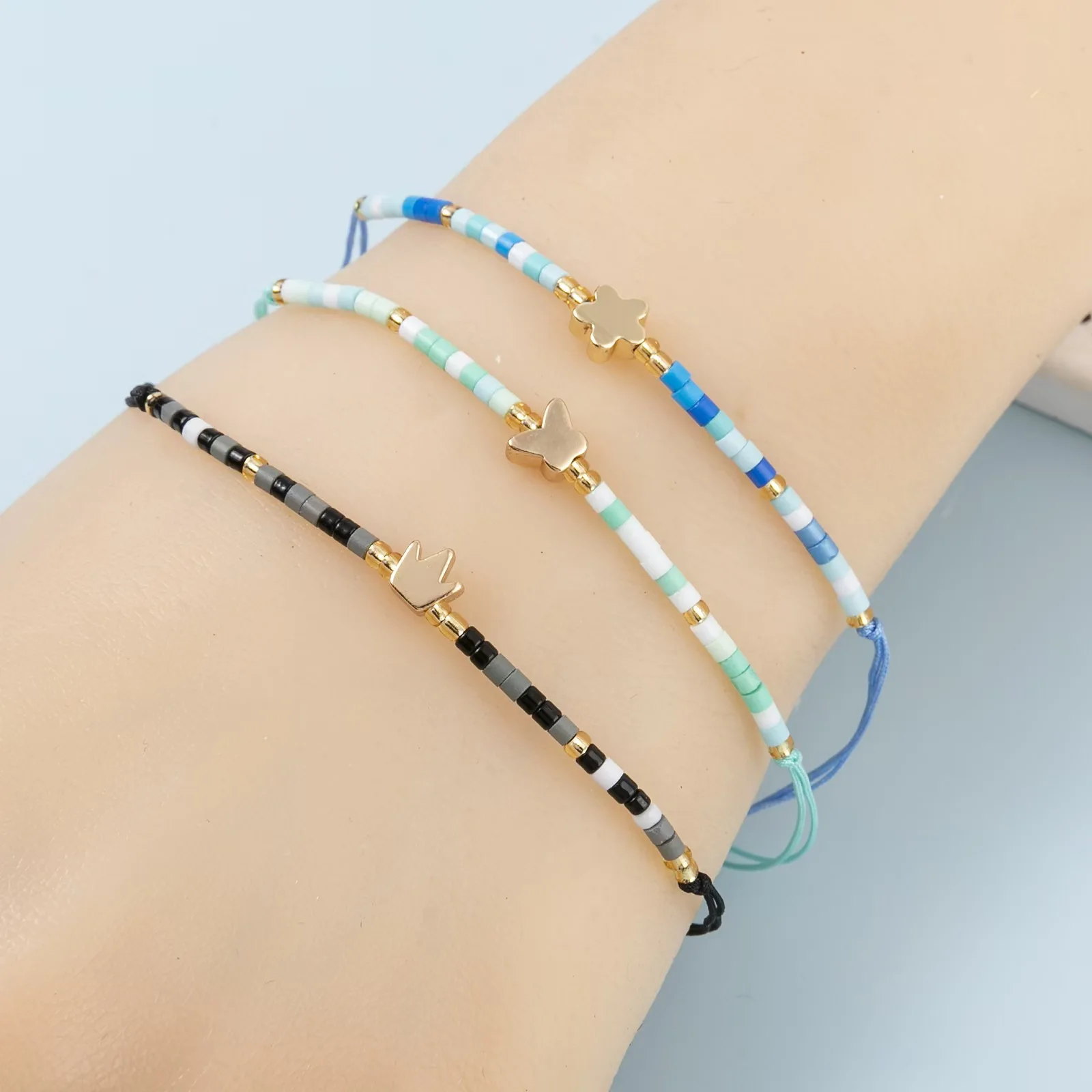 12 Pieces Crown Pentagram Multi Colored Rice Bead Bracelet With Fashion Style Women's Adjustable Bracelet Set