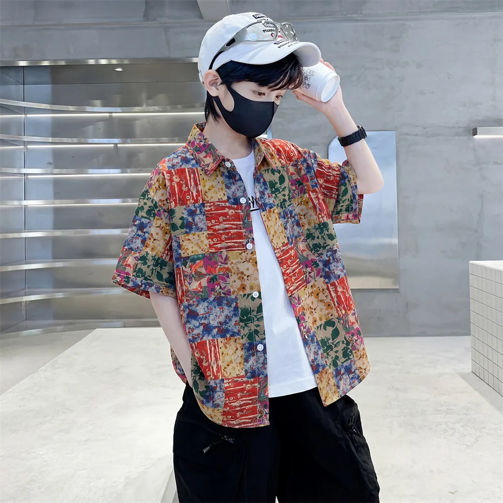 Street Style Kids Children Hip Hop Colored Print Shirt for Tweens Boys Summer Vacation Clothing Hiphop Blouse Outfit Age 5-14 Y