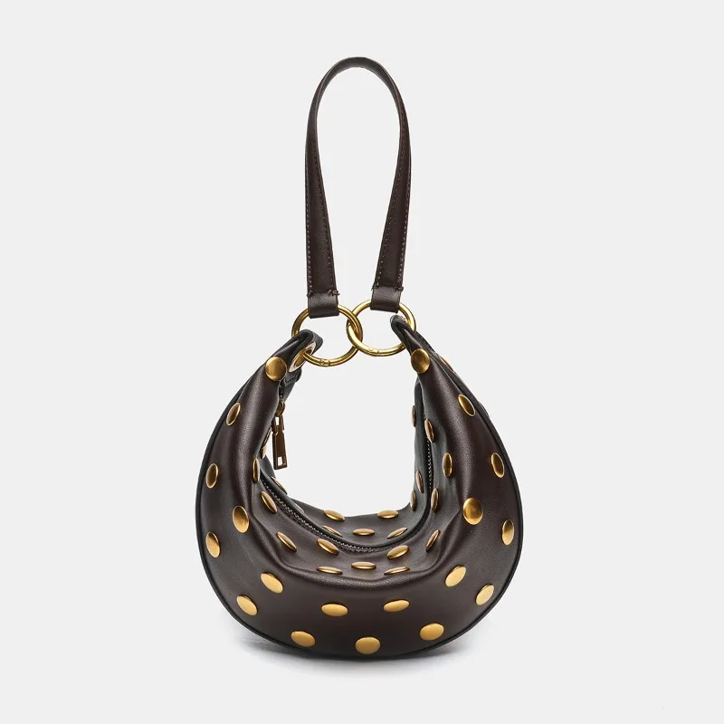 

Женская сумка через плечо в стиле панк с заклепками, ретро-стиль Y2K, из мягкой искусственной кожи, на молнии, сумка-хобо в форме полумесяца для девушек, винтажная, Sacs À Main