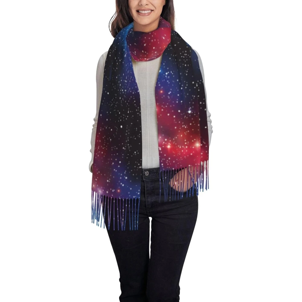 

Галактический акварельный рождественский шарф для женщин, рождественские звезды, шаль, большие зимние теплые рождественские шарфы с кисточками