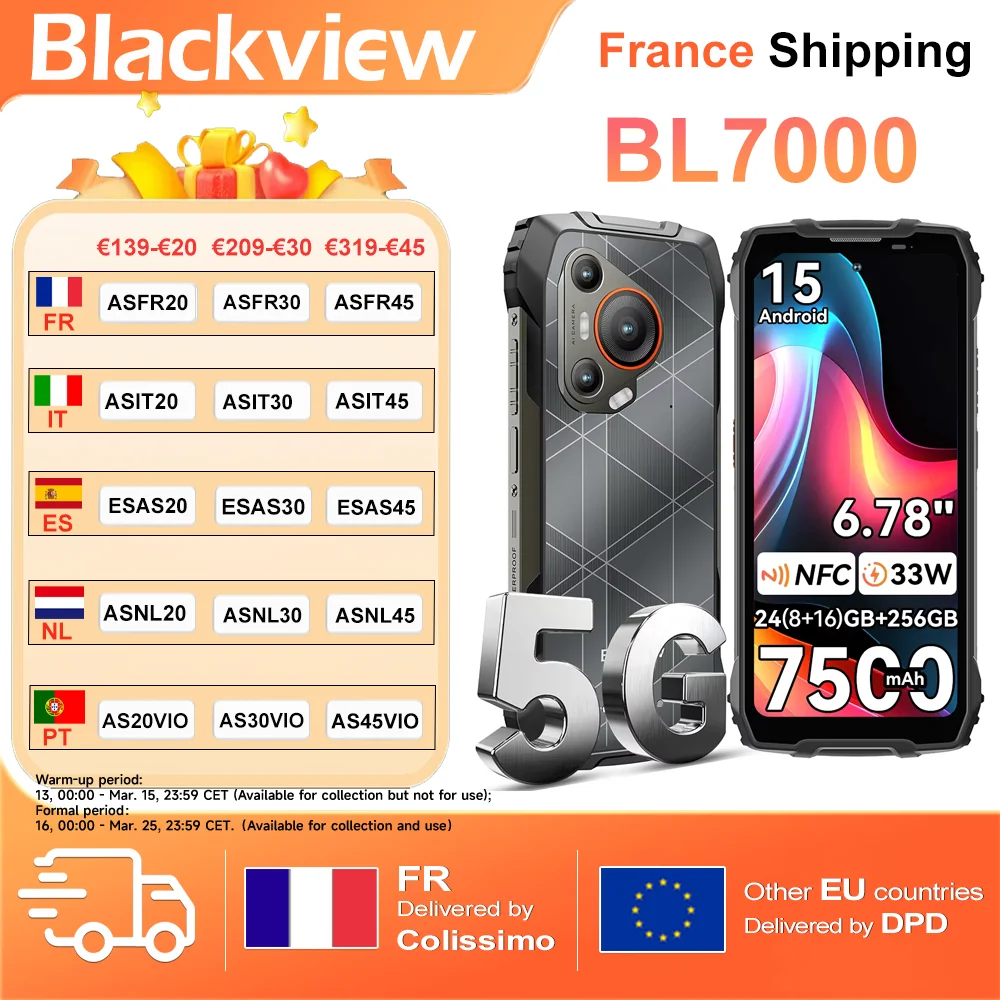 Blackview BL7000 AI Smartphone Robuste 5G Haute Vitesse, Android 15 24GB(8+16)+256GB, 6,78" Doke AI Inside, 120Hz, 7500mAh, 33W, NFC