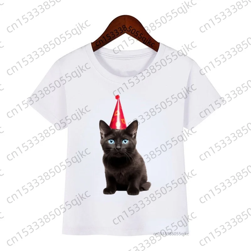 Cute Cat Happy Birthday Children's T-shirt Boys and Girls Party Costume Top