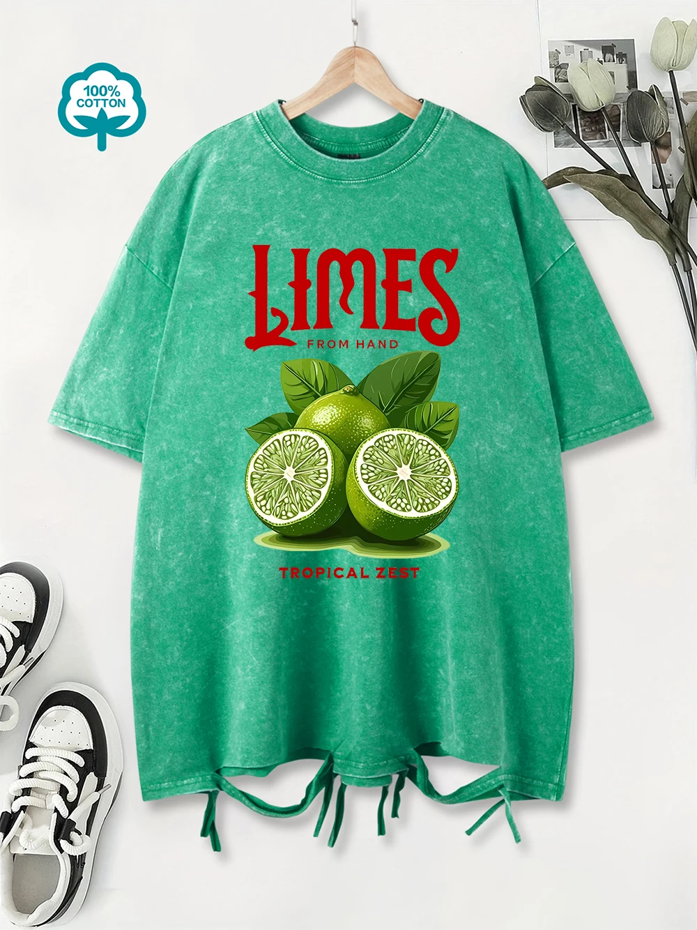 

Limes From Tropical Zest Prints Washed T-Shirt Women Cotton Oversized Tops Distressed O-Neck Comfortable T Shirts Summer Clothes