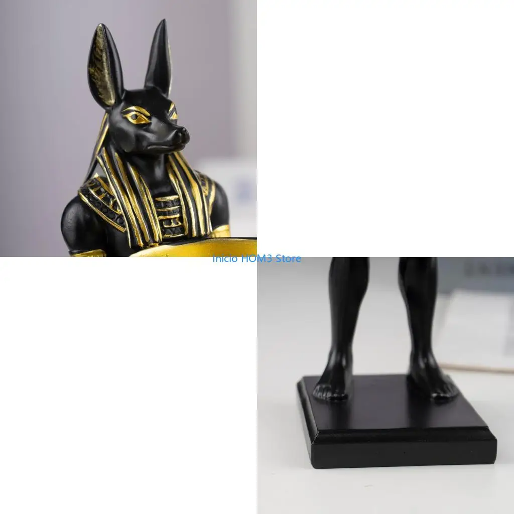 A5YD Handcrafted Anubis Figurine With Jewelry Bowl Resin Sculpture Holder Egyptian God Art Collectible Display Ornament
