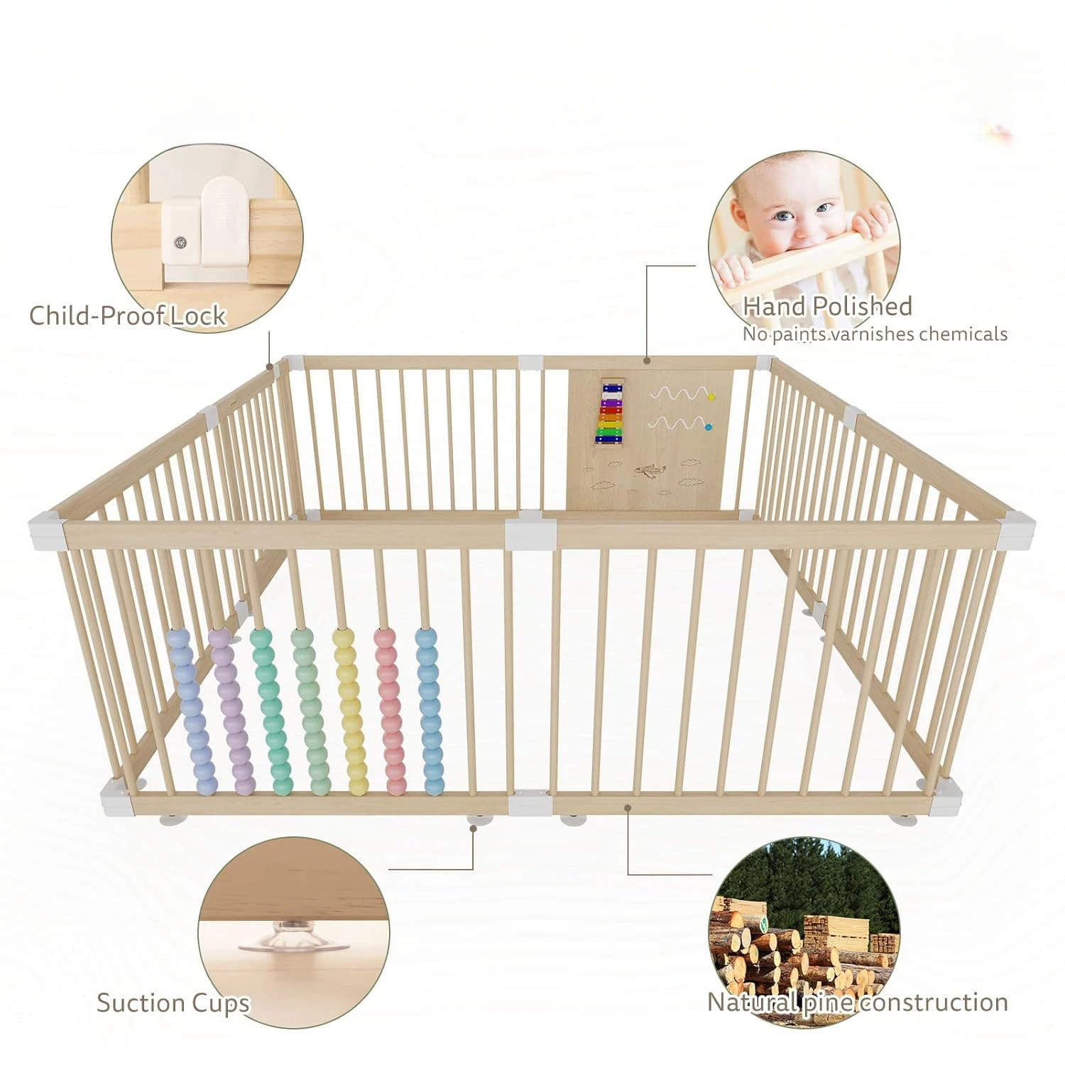 Playpen for Babies and Toddlers, Baby Fence Baby Play Yard with Door, Baby Gate Play Pen for Kids Activity Center 63.5”×63.5”