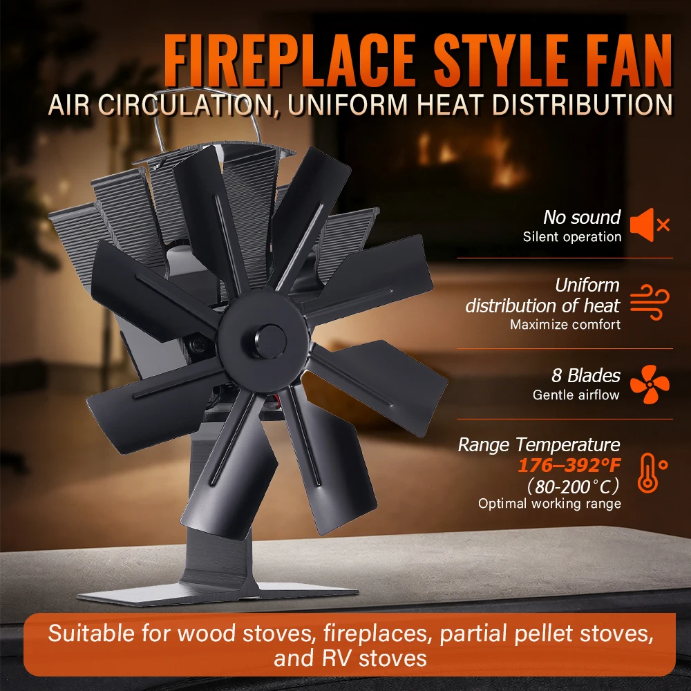 8 Blade Fireplace Fan Log Burner Accessories Quiet Energy-Saving Highly Heat Dissipation Fan Indoor Winter Outdoor Camping