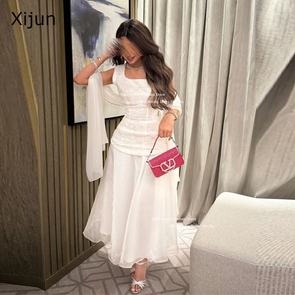 Xijun White Elegant Long Evening Dresses Flowers Square Collar Prom Dresses Sleeveless Formal Occasion Saudi Arabric Prom Gowns