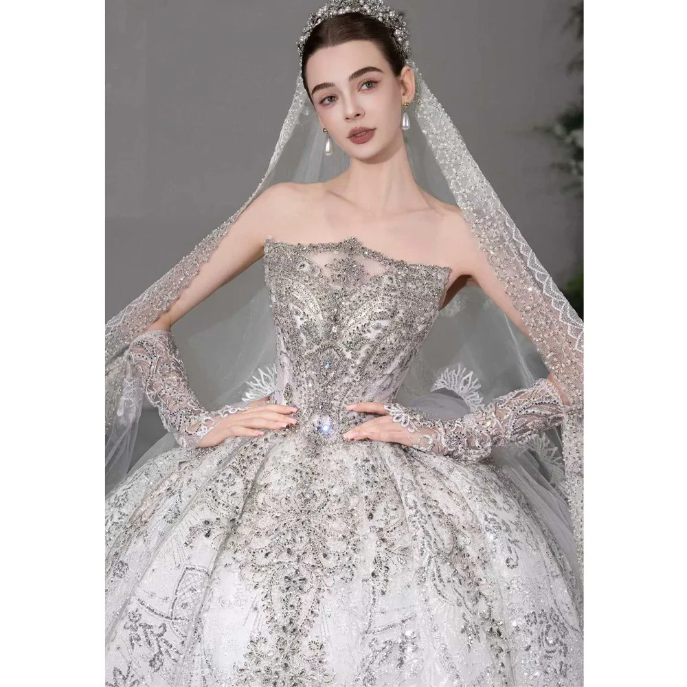 

Роскошное свадебное платье без бретелек без рукавов с блестками и кристаллами 2026 настраиваемое свадебное платье для женщин