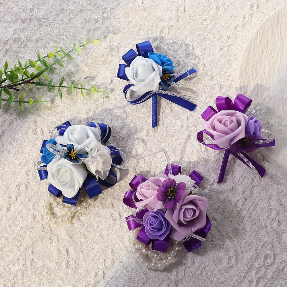 

Simple Men Groom Boutonniere Artificial Flowers Wedding Party Pearl Wrist Corsage Bridal Gowns