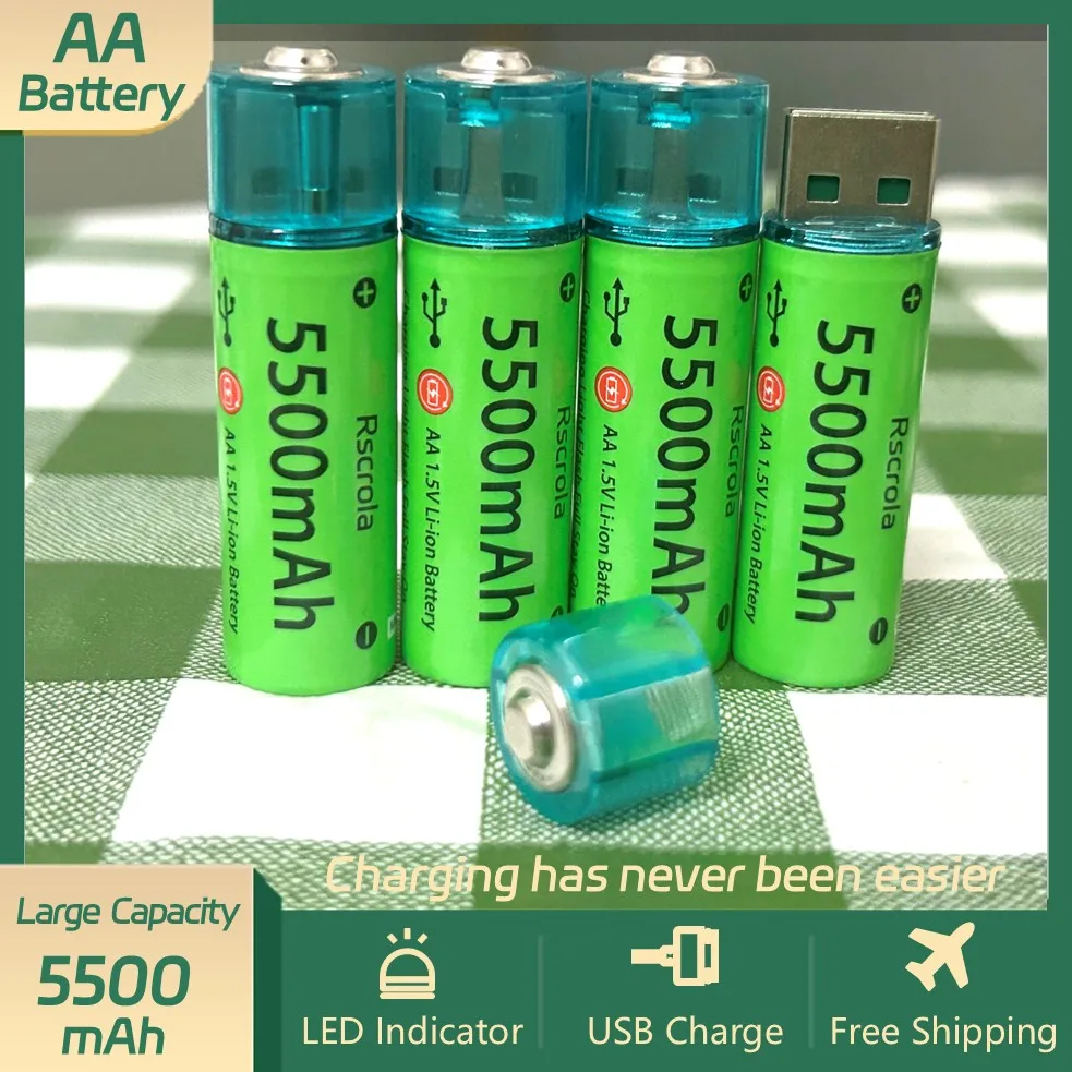 Práctica batería AA recargable, batería de iones de litio doble con carga USB, baterías de larga duración de 5500mAh para ratón, teclado, control remoto