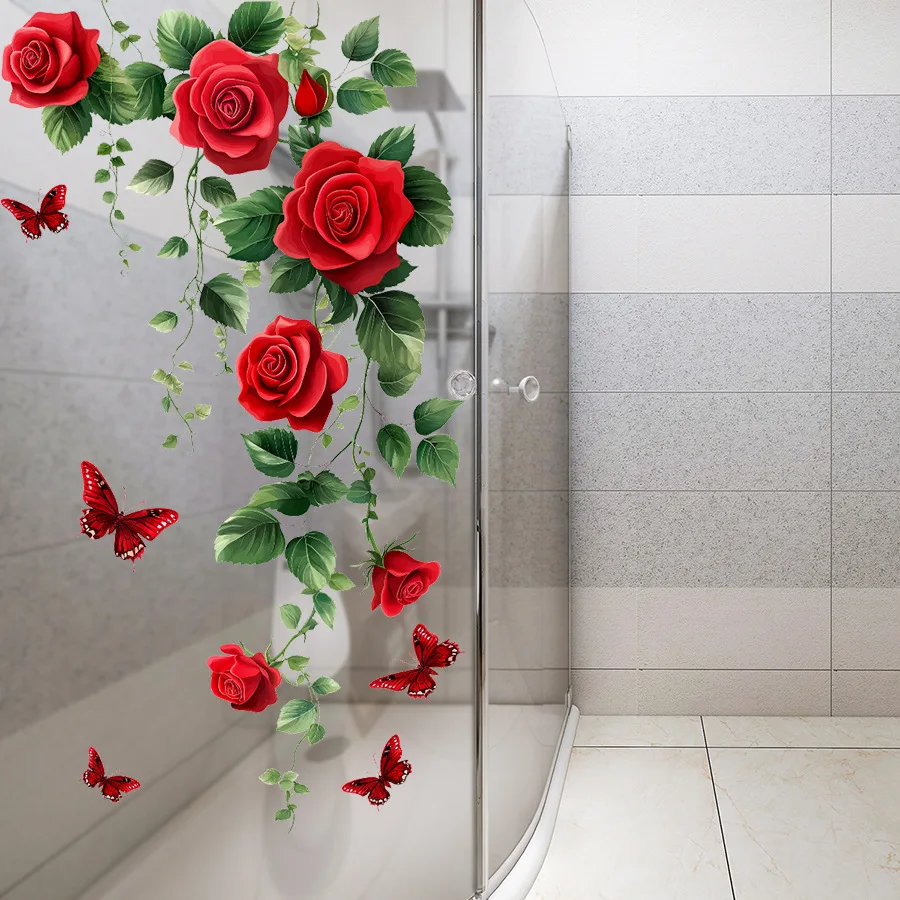 1pc Watercolor Romantic Rose Glass Stickers, Suitable for Wall Decoration in The Entrance Hall, Bedroom Bathroom and Living Room view 5