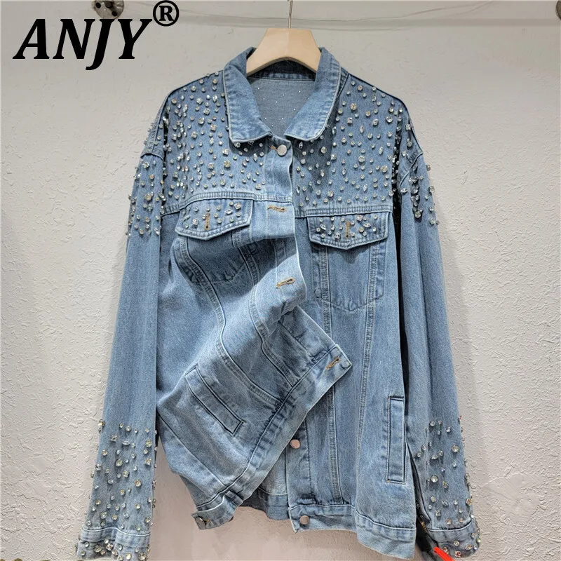 

ANJY Autumn New Women Denim Jacket Turn-down Collar Studded Diamonds Single Breasted Vintage Washed High Street Chic Coats A8769