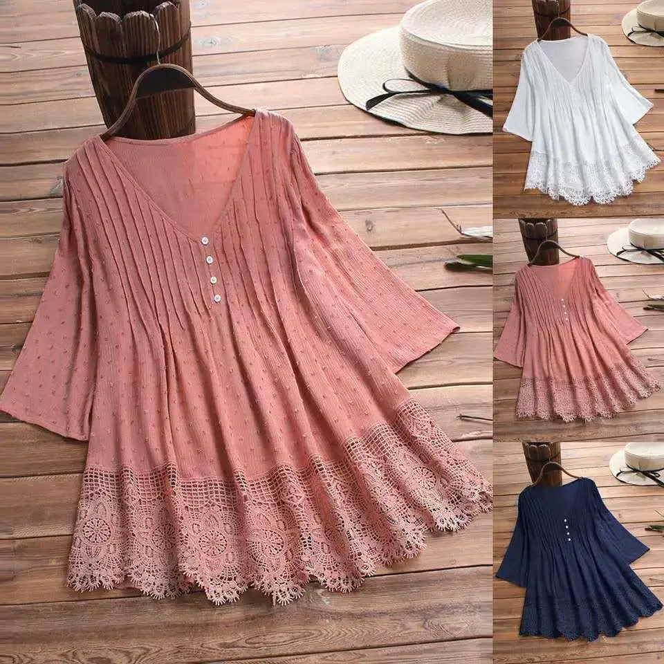 

Women's Pleated Lace Hollow Collar irt Cute Sle Seven Sve Pure Color Faionable Ladies' Clothing