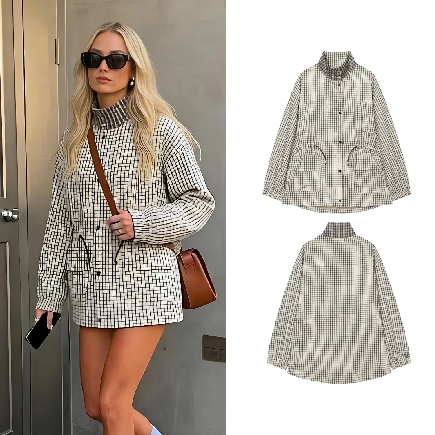 Casual Grid Women Jackets Spring Autumn Female Stand Neck Single Breasted Waist-Cinching Drawstring Coats Lady Daily Outwear Top
