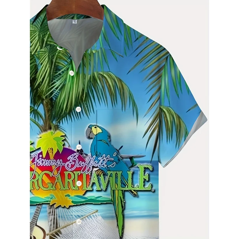 Beach And Letter 3D Graphic Print Men's Fashion Short Sleeve Lapel Hawaiian Shirt, Summer Holiday Top