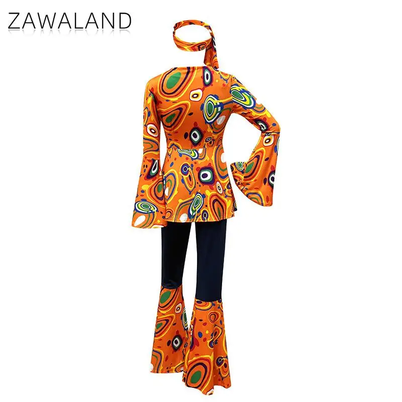 Zawaland Women's Disco Dress Sets Hip Hop Cosplay Costume Female Fashion Floral Printing Top Pants Patchwork Suit Clothes