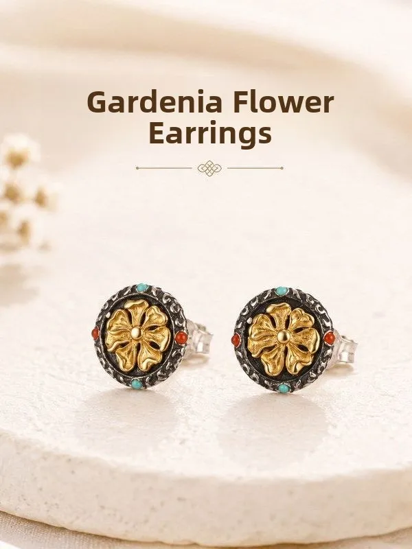 Mengke S925 Pure Silver Tibetan Style Gelsemium Flower Earrings Vintage Patina South Red Agate Dual Color Silver Ear Jewelry