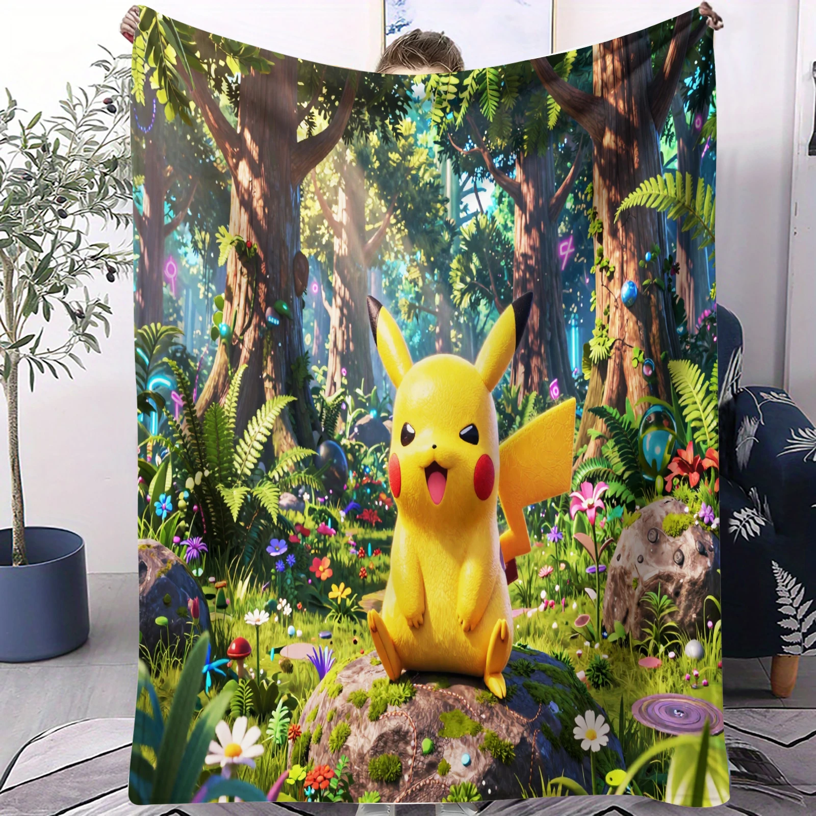 

Pokemon Pikachu Enchanted Forest Blanket Flannel Throw Blanket Gift Winter Warm Blanket for Living Room Sofa Bed Camping Trip