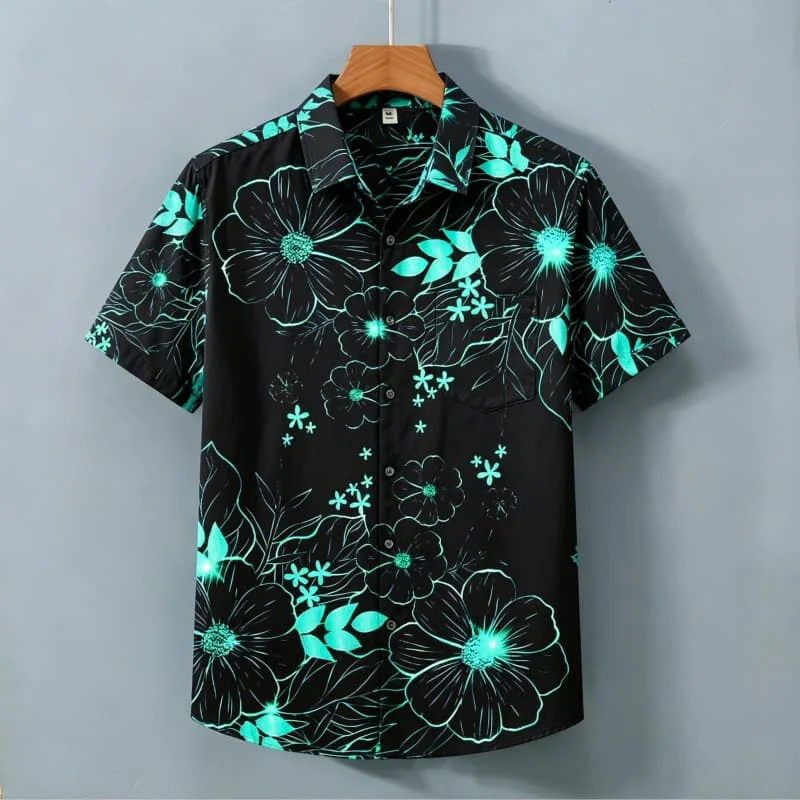Men's Line Drawing Floral Print Short Sleeved Shirt With pockets, Suitable For Summer Beach Vacations And Artistic Casual wear.