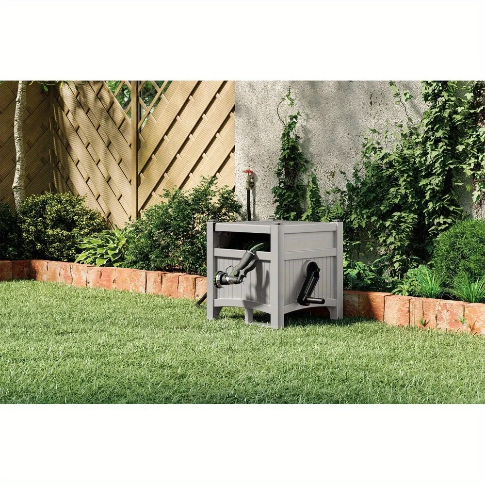 

100-foot hidden hose reel with side hands, storing up to 100-foot 5/8" standard vinyl hose for gardening enthusiasts