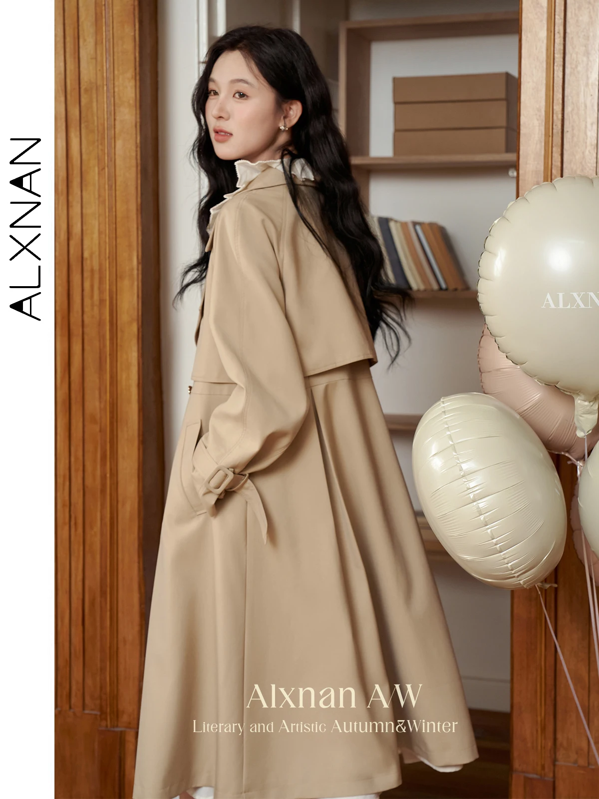 Alxnan feminino cáqui longo trench coat 2025 outono inverno terno colarinho manga raglan camélia metal botão casaco l39622