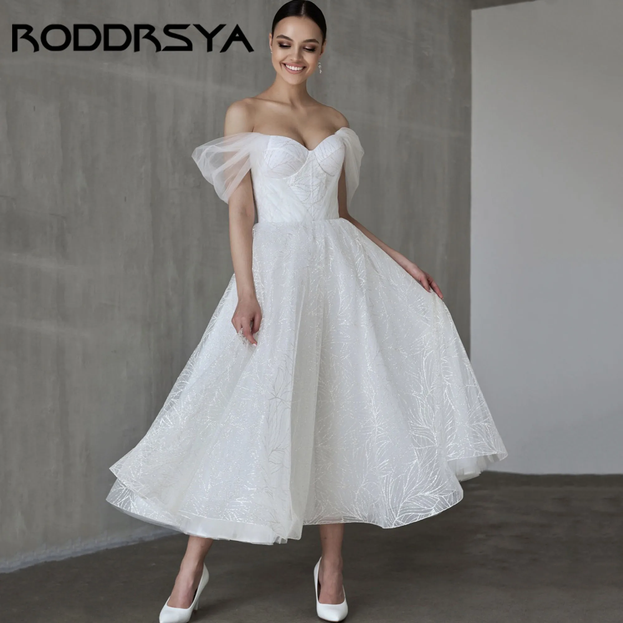 

RODDRSYA Tea-Length Wedding Dress Off Shoulder Backless A-Line Romantic Bridal Gown Sweetheart Tulle vestido de novia Customized