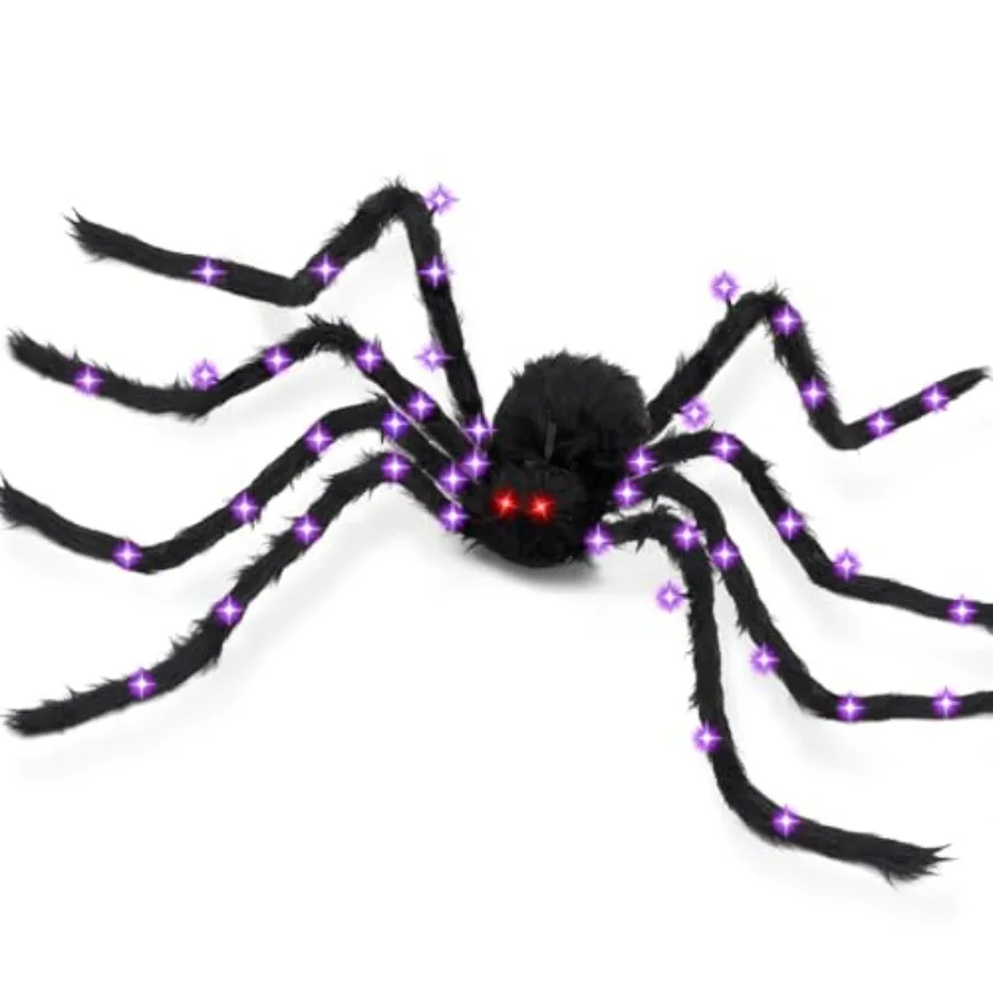 

Giant Spider Halloween Decorations Large Hairy Fake Spider with 78IN Size 44 Purple Lights and 2 Red Eyes Featuring Bendable Me