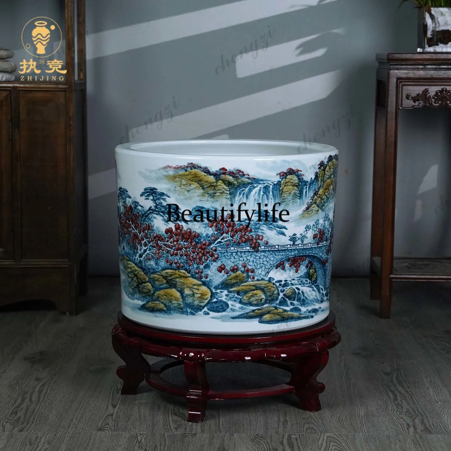 Hand-painted painting and calligraphy cylinder Ceramic Floor-to-ceiling ornament Calligraphy and painting storage cylinder