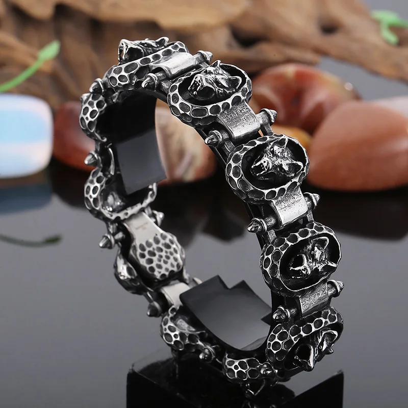 Fongten Punk Bracelets For Men Wolf Head Stainless Steel Link Chain Wristband Bracelets Rotre Male Bangle Animal Jewelry Gifts