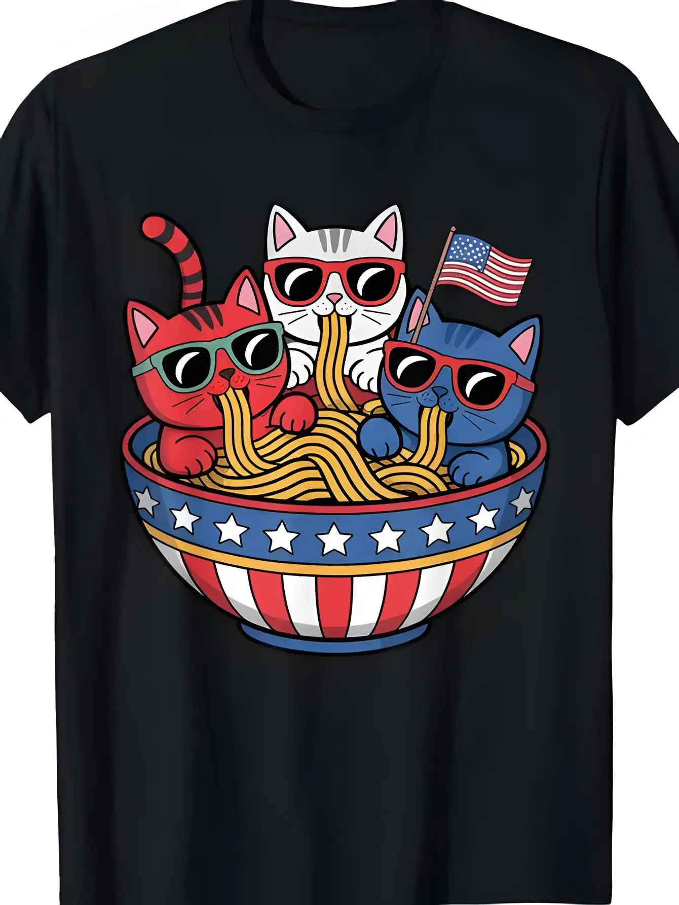 

Мужская и женская забавная футболка с патриотическим флагом — красная и синяя лапша с модными очками и принтом чаши-спагетти
