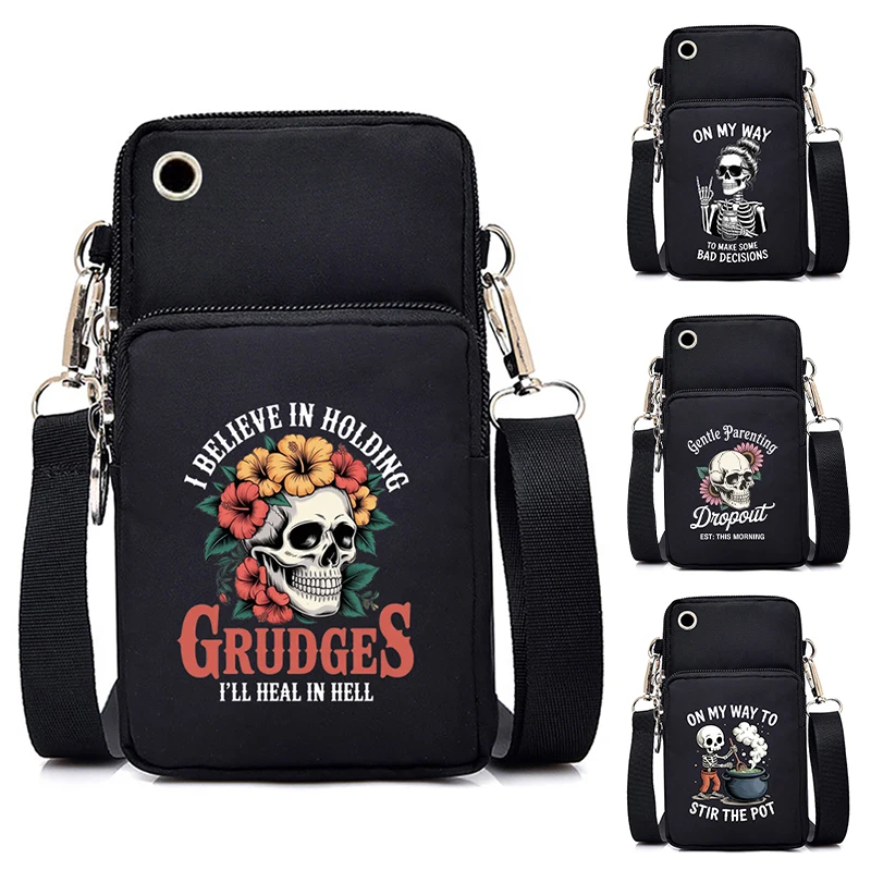 Dark Humor Sarcastic Zipper Crossbody Bags "I Believe in Holding Grudges I'll Heal in Hell" Vintage Skull Printed Shoulder Bags