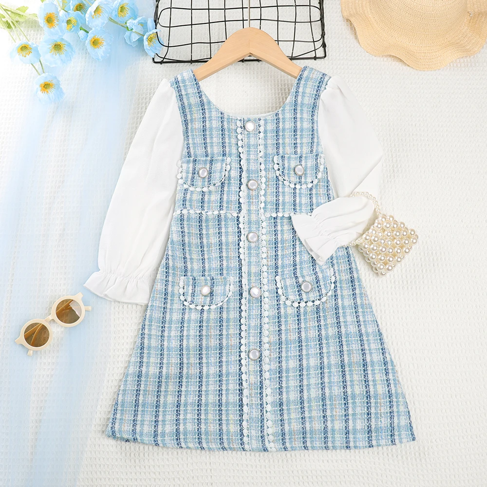 Bear Leader Girls\' Dress 2023 Autumn New Girls\' Round Neck Plaid Lace Button Long Sleeve Dress Girls\' Fashion Patchwork Dress