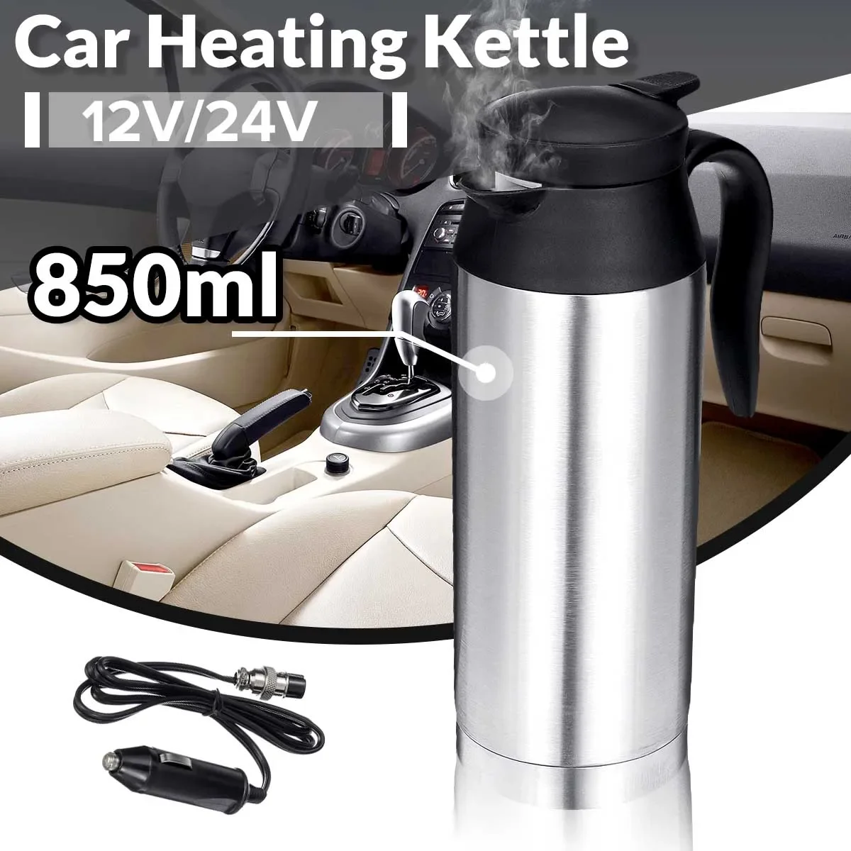 12V /24V  800ml Stainless Steel Electric Kettle In-Car Travel Trip Coffee Tea Heated Mug Motor Hot Water Boiling for Car Truck