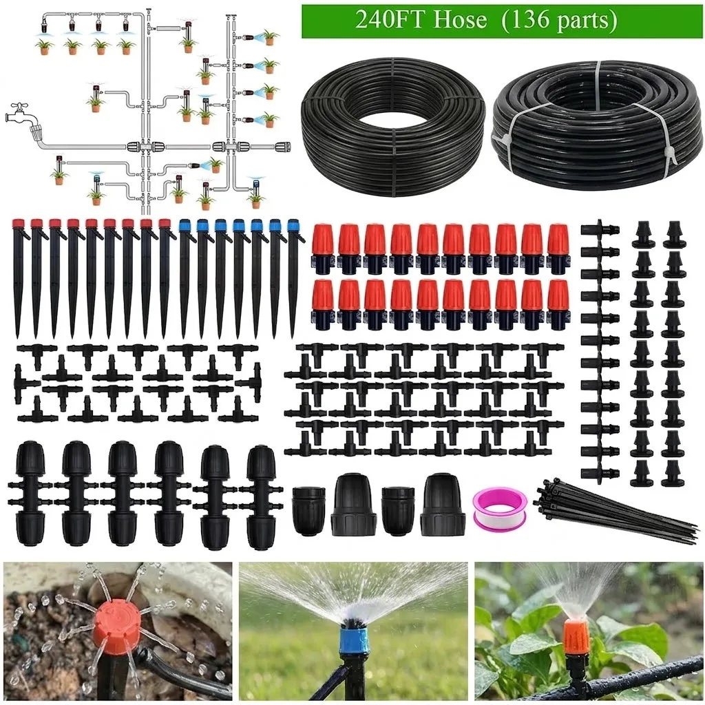 240FT Drip Irrigation System Kit Automatic Garden Watering Misting System for Greenhouse Yard Lawn Plant with 1/2 1/4 inch Hose
