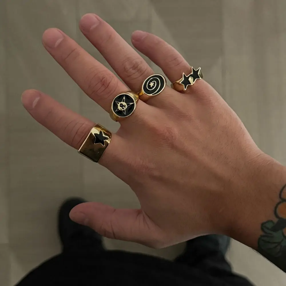 4pcs Irregular Design Geometric Open End Rings Black Five-Pointed Star Bold Design Stainless Steel Rings Geometric Thick