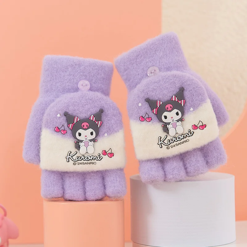 Sanrio guantes de medio dedo para niños, cubierta abatible de otoño e invierno, guantes cálidos para bebés de 7 a 12 años, guantes escolares para niños y niñas