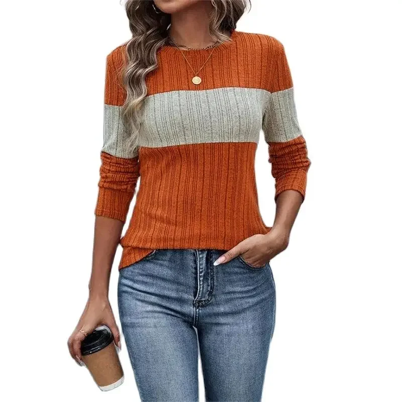 Spring Autumn Colour Blocking Pitted Stripes Long Sleeve T-Shirt Women O Neck Pullover Tops Female Daily Comfortable Casual Tees