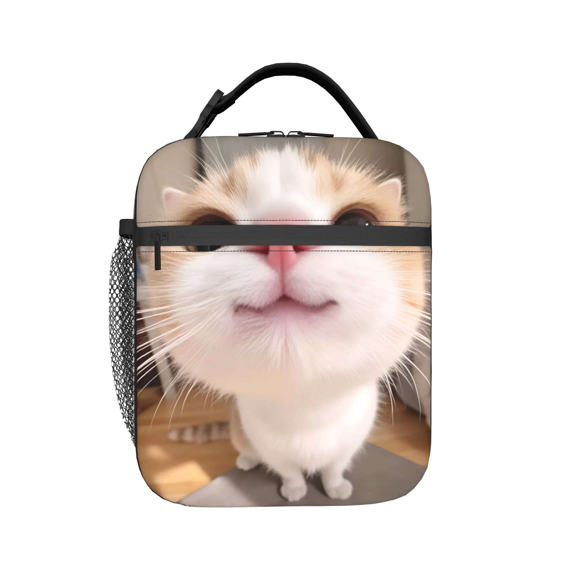 Kawaii Playful Cat Sticking Out Tongue Lunch Bag Lunch Box For Men Leisure Designer Thermal Tote Handbags Zipper Cooler Bag