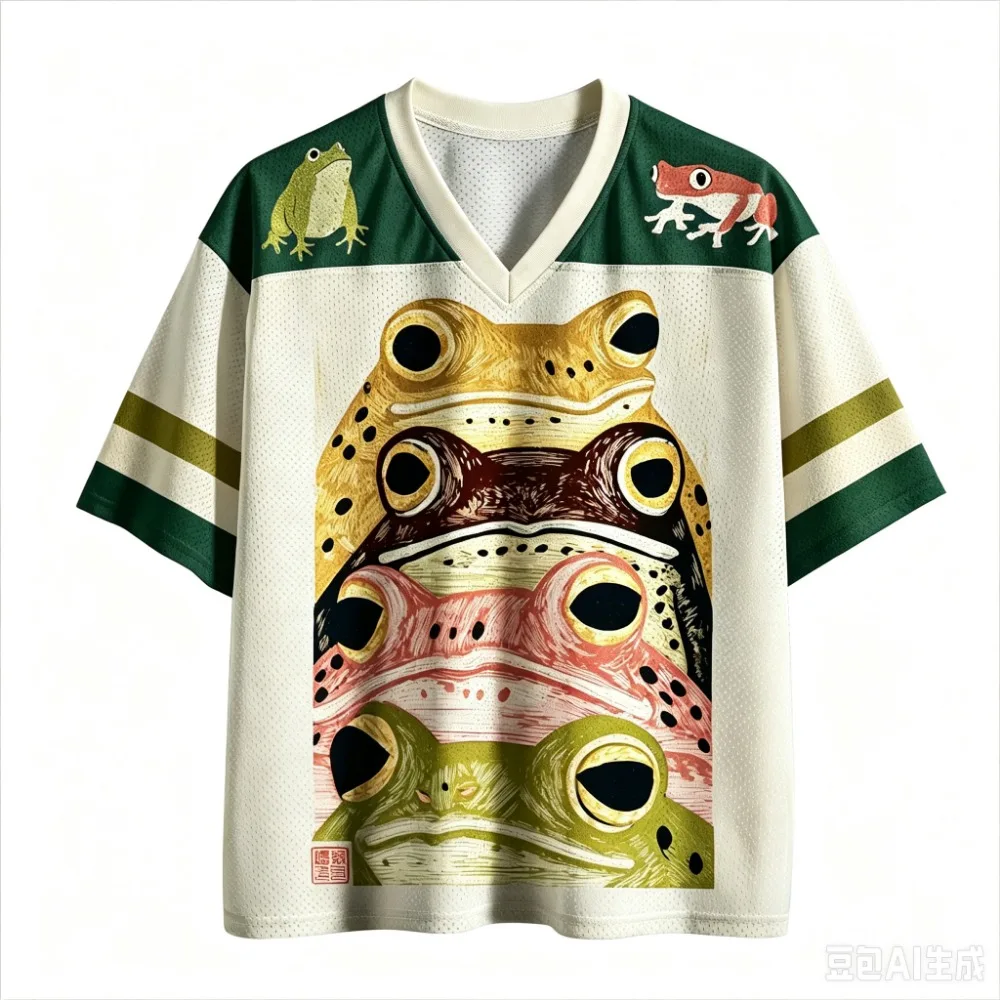 Sommermode Neues Design Japanischer Spaßfrosch 3D-Druck Herren Damen V-Ausschnitt Sport-T-Shirt Atmungsaktive Street Y2K Familienkleidung – Detail 9