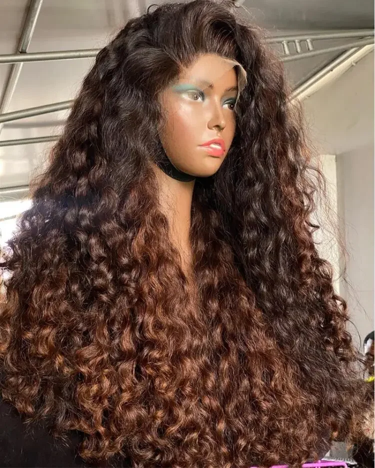 Peruca dianteira do laço encaracolado Kinky para mulheres, cabelo do bebê, resistente ao calor, sintético, pré-arrancado, sem cola, alta qualidade, diariamente, marrom, 180 Densidade