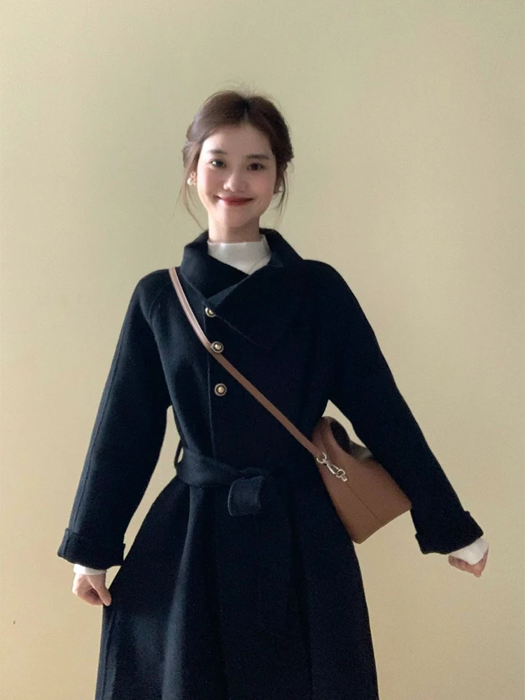 

Korean black woolen coat, high-end thickened medium and long knee-length woolen coat