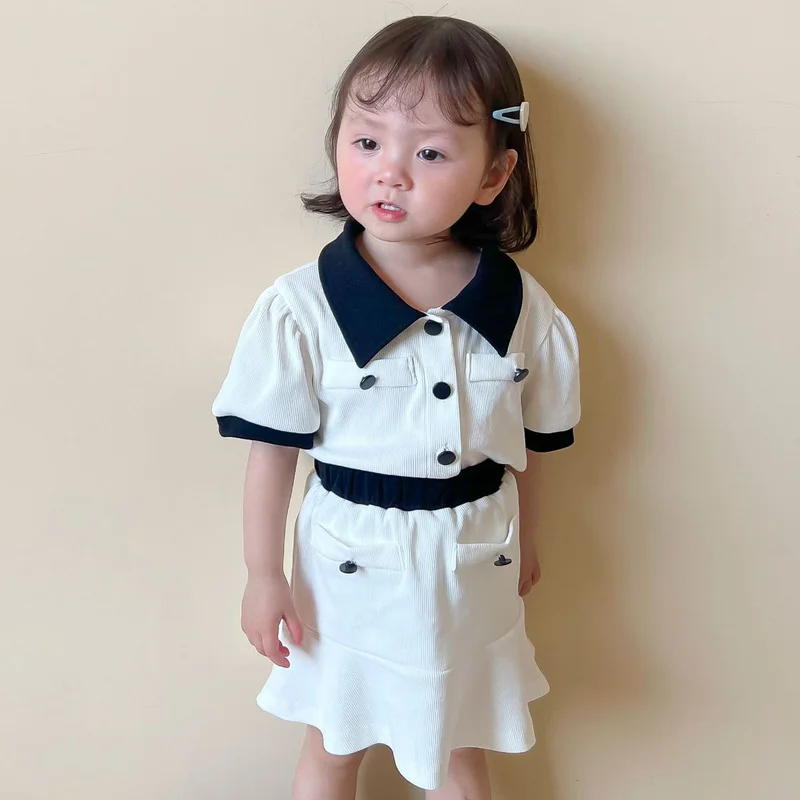 

Fashion Single Breasted Short Sleeve Suit Cute Little Fragrance Two Piece Dress Suit Navy Collar Short Sleeve Children Clothing