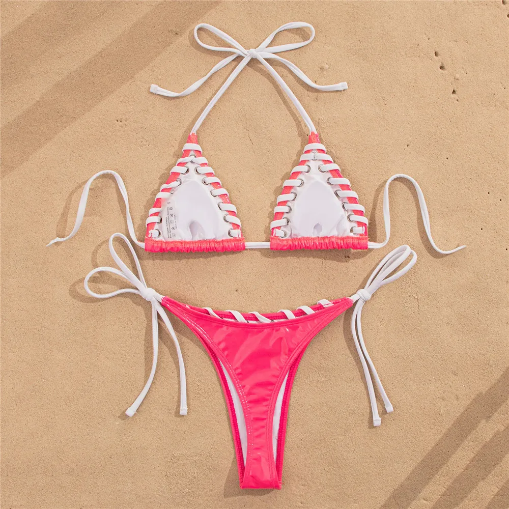 Rose Red PU Leather Swimwear Weave String Halter Triangle Bikini Micro Thong Sexy Swimsuit Women 2026 Brazilian Bikinis Sets