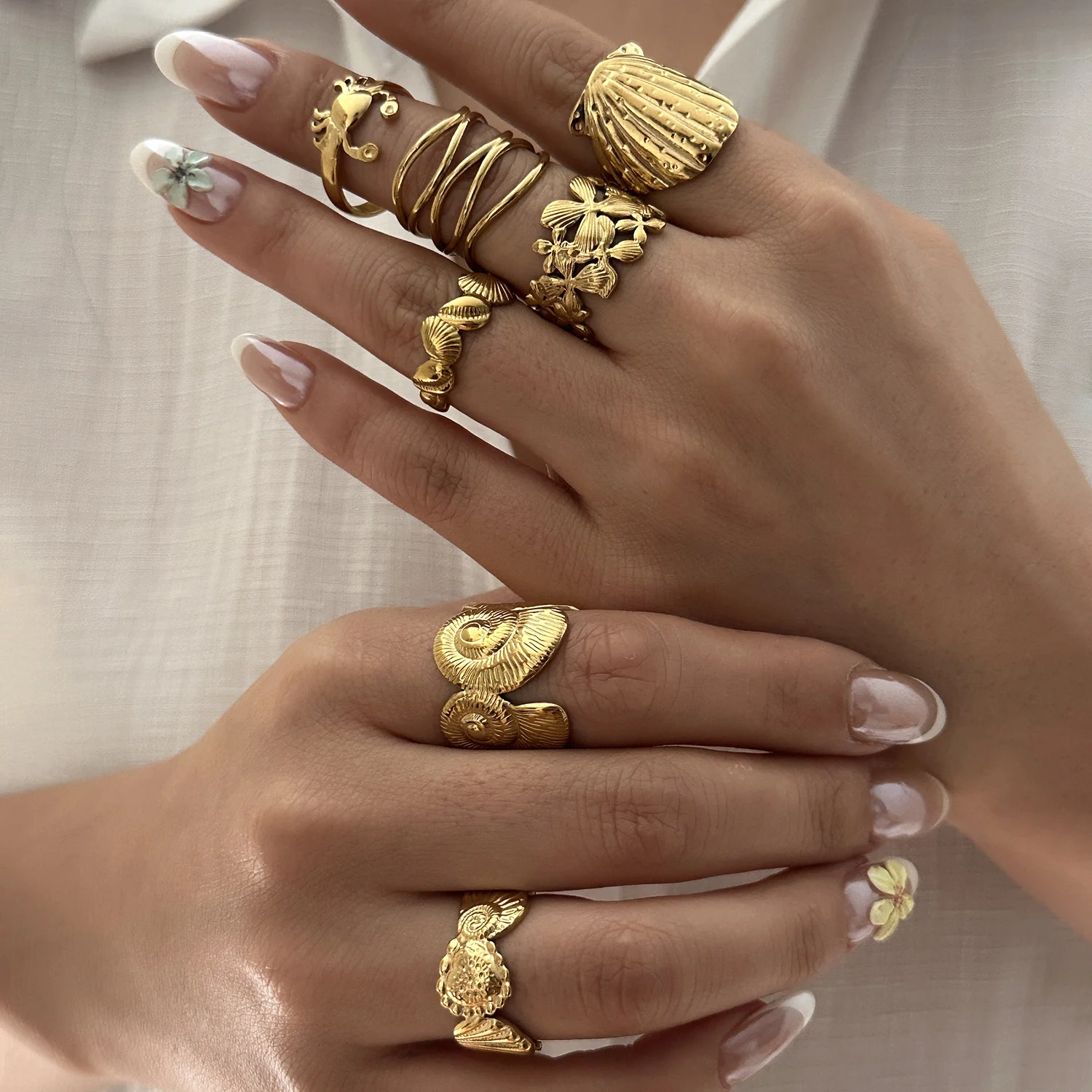 7-teiliges Vintage Boho Ozean-Ringset, goldfarben, Muschel- und Krabben-Design, stapelbare Statement-Ringe aus Edelstahl für Damen, Strandurlaub