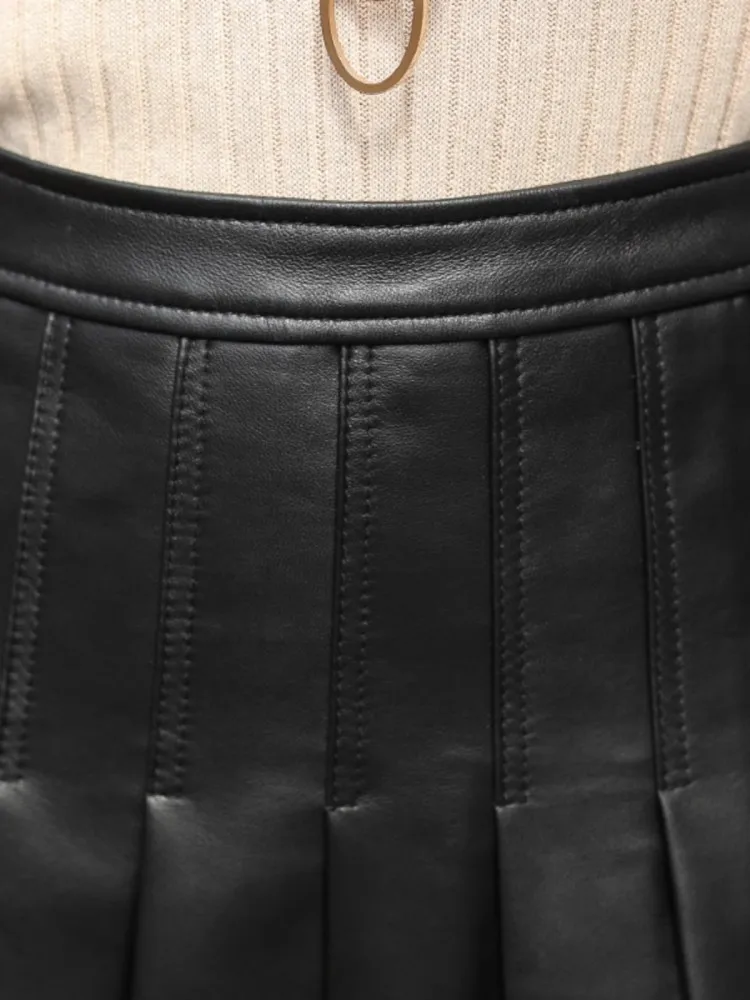 Mode femmes en cuir véritable jupe plissée taille haute printemps fermeture éclair a-ligne jupes couleur unie Streetwear jupe noire XS-4XL
