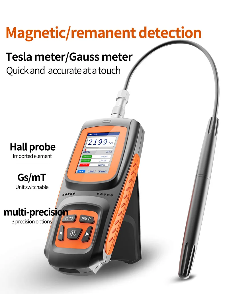 Gauss Meter Tesla Meter Rechargeable 0-2500mT, Magnetometer with Data Logging and Alarm Magnetic Field Strength Pole Tester