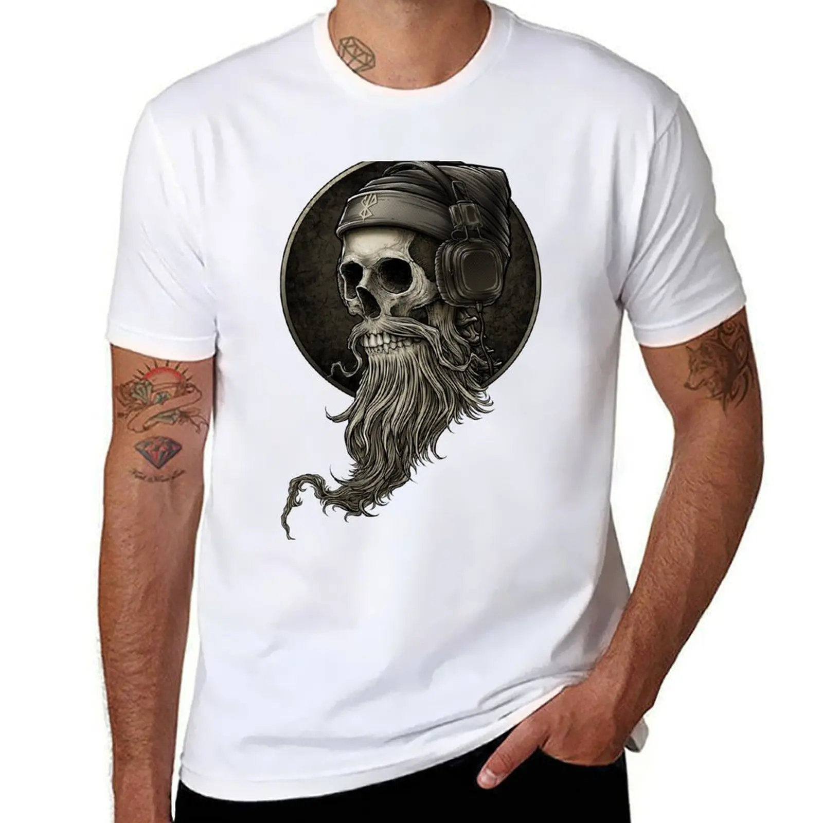 

Viking Vintage Skull Beard with Headphone T-Shirt Casual Work Wear T-Shirt