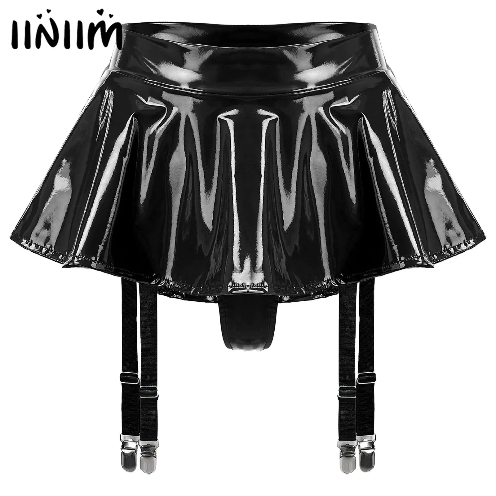 

Womens Wet Look Patent Leather Ruffle Mini Skirt Built-in Thongs Garter Belts Metal Clips Lingerie Miniskirt Rave Party Clubwear