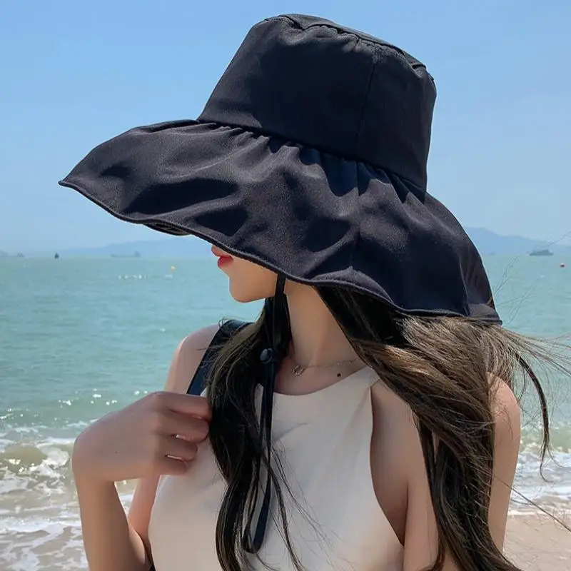 ●Summer Travel Sun Protection Hat Women Simple Solid Color Outdoor Casual Versatile Wide Brim Sunshade Fisherman Cap Breathable