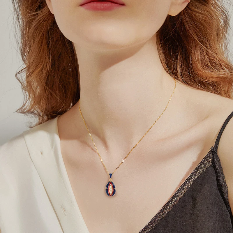 YAFFIL Enamel Egg Pendant, Red Gold With Diamond Patterns Necklace, Diamond Studded Unique Design Pendant